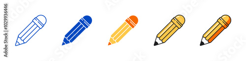 Set of pencil vector icons with outline, flat and color styles for writing, education and productivity symbols.