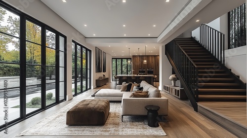 A modern staircase with black railings and wooden steps.
