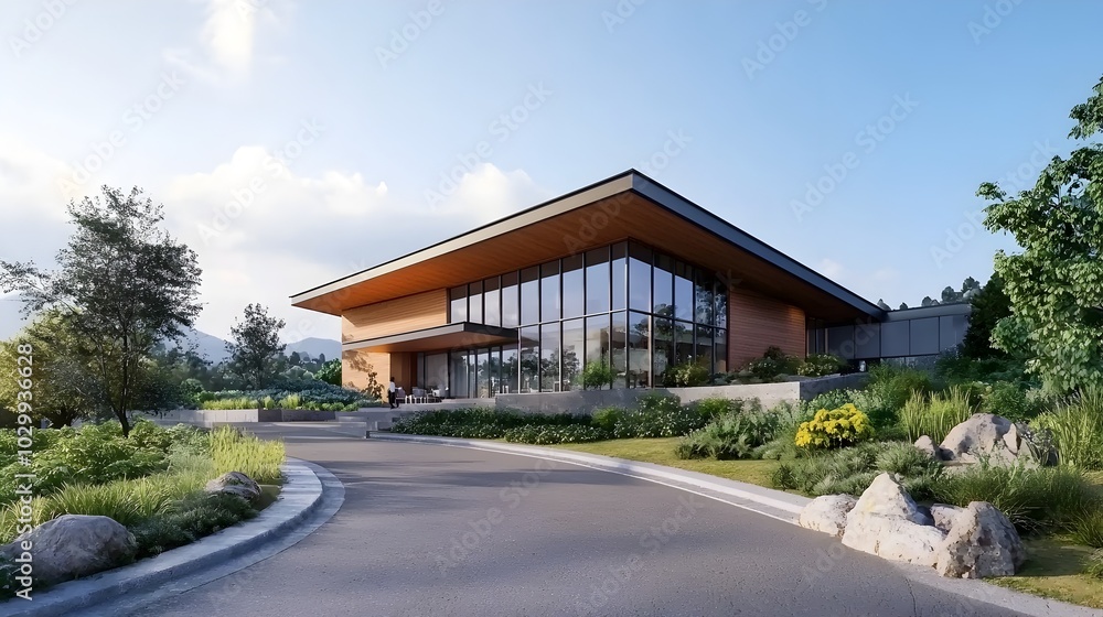 Stunning 3D rendering of a luxury modern house with a bold and refined facade featuring sleek architectural lines and a warm Stunning 3D rendering of a luxury modern house with a bold and refined facade featuring sleek architectural lines and a warm