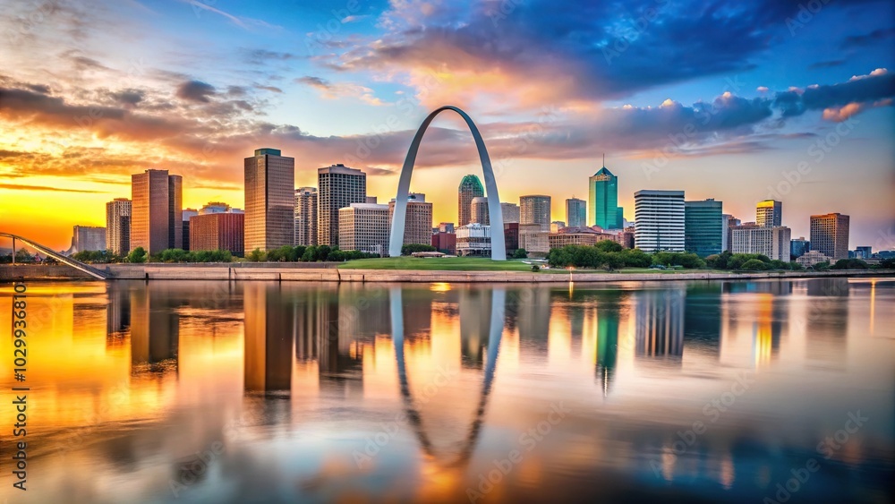 St Louis Missouri skyline across Mississippi River with blurred Depth of Field