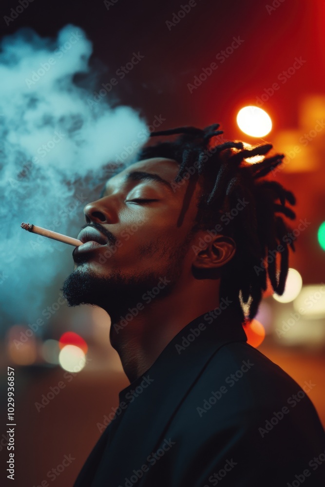 Fototapeta premium Young man smoking cigarette at night with closed eyes
