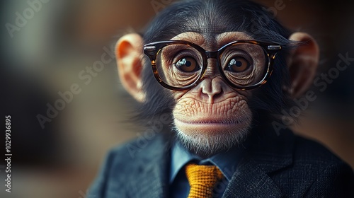 A monkey wearing an elegant, modern suit with a stylish tie, captured in a charismatic fashion pose reflecting human confidence.