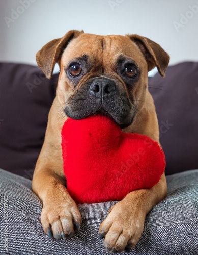 Un perrito sosteniendo un pequeño cojín en forma de corazón rojo en la boca; San Valentín