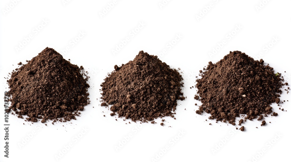 2410_006.three piles of rich brown soil, varying sizes, isolated on white background, high-contrast photography, detailed soil texture, organic matter visible 2410_006.three piles of rich brown soil, varying sizes, isolated on white background, high-contrast photography, detailed soil texture, organic matter visible