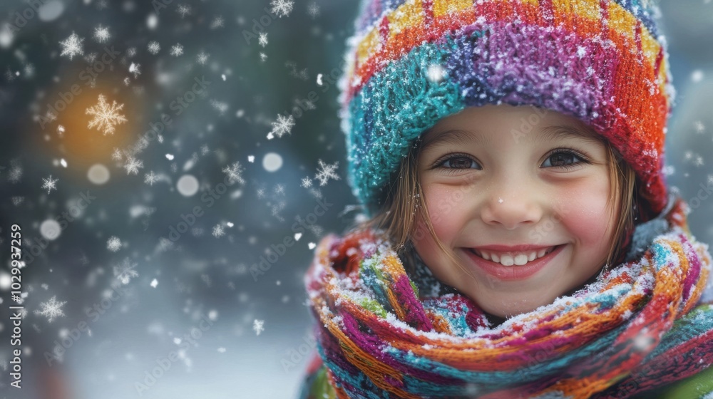 smiling child wearing a colorful hat and scarf, with snowflakes softly falling in the background smiling child wearing a colorful hat and scarf, with snowflakes softly falling in the background