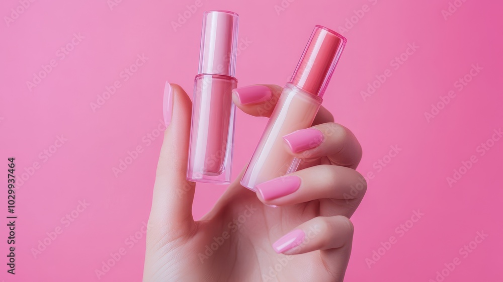 Hand Holding Beige nude lip gloss tint with color shading pallete smudge gel,Liquid lipsticks with smudge stroke paint,makeup cosmetic lips, product mockup for beauty fashion business,swatch color. Hand Holding Beige nude lip gloss tint with color shading pallete smudge gel,Liquid lipsticks with smudge stroke paint,makeup cosmetic lips, product mockup for beauty fashion business,swatch color.