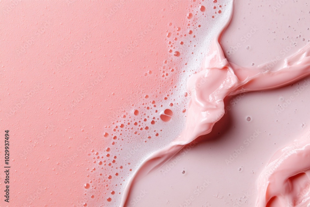 Fototapeta premium Pink cosmetic cream mixing with bubbles creating texture
