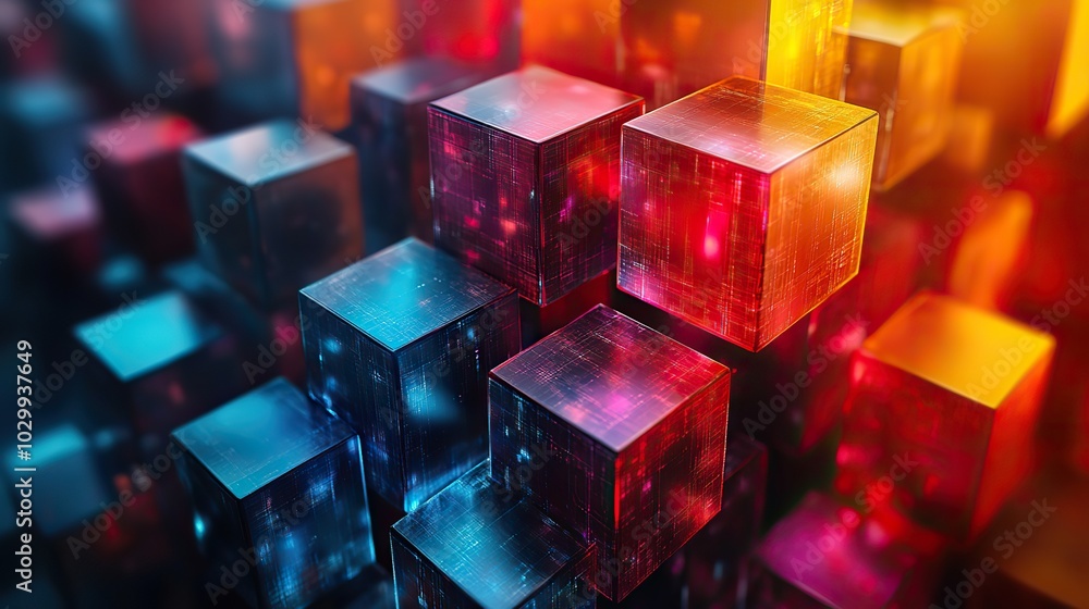 A multicolored geometric cubic structure with a tech pastel background, presenting a modern and abstract visual concept. A multicolored geometric cubic structure with a tech pastel background, presenting a modern and abstract visual concept.