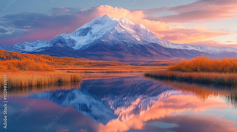 A mountain landscape bathed in the warm hues of sunset, offering a tranquil and breathtaking natural scene. A mountain landscape bathed in the warm hues of sunset, offering a tranquil and breathtaking natural scene.