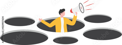 Businessman stuck in a cracked ground and holding a megaphone calling for help

