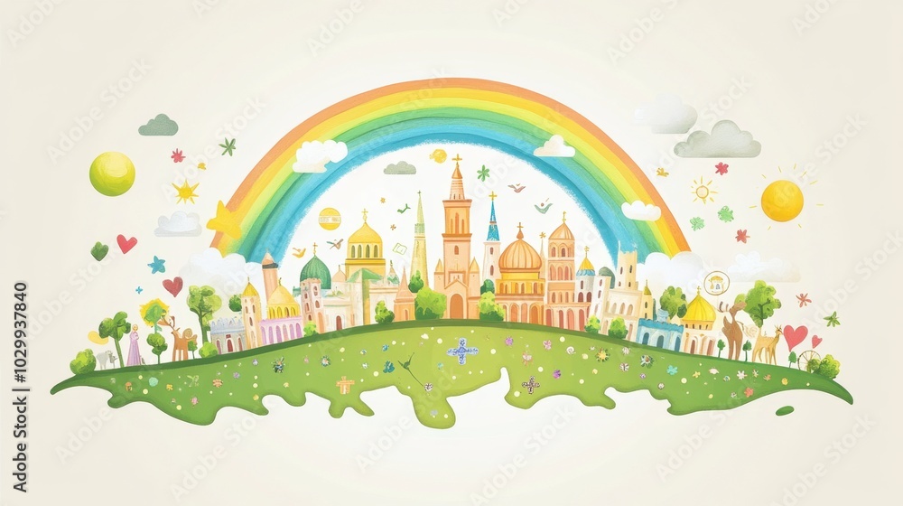 Smiling world with religious symbols and rainbow, joyful background with plenty of room for World Religion Day messages Smiling world with religious symbols and rainbow, joyful background with plenty of room for World Religion Day messages