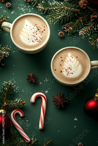 Festive Setup of Peppermint Lattes and Candy Canes on a Winter Day