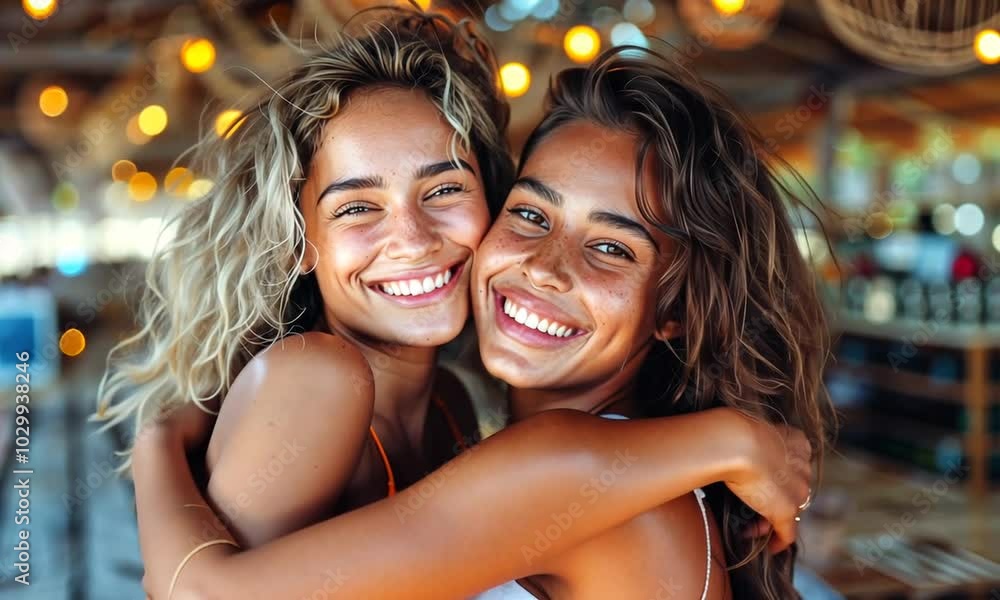 Two friends share infectious smiles and laughter in a lively beachside café, radiating joy as they relish their carefree summer day by the ocean Two friends share infectious smiles and laughter in a lively beachside café, radiating joy as they relish their carefree summer day by the ocean