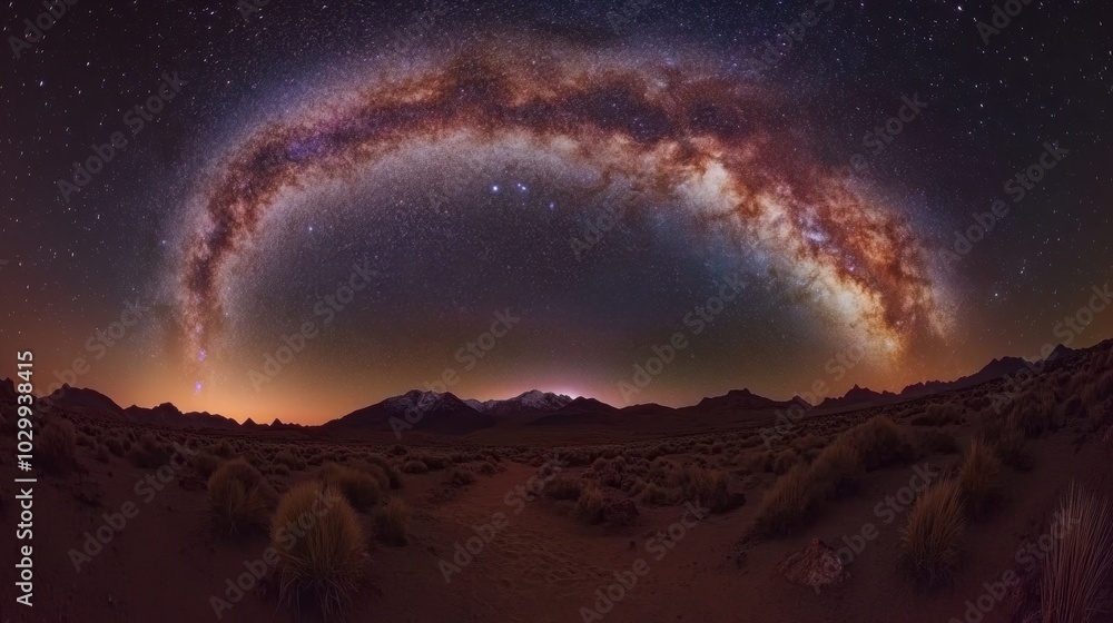 Star-filled night sky with the Milky Way galaxy arching across, showcasing the depth and beauty of the cosmos in a serene and awe-inspiring scene Star-filled night sky with the Milky Way galaxy arching across, showcasing the depth and beauty of the cosmos in a serene and awe-inspiring scene