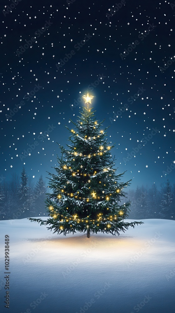 Obraz premium Christmas tree in snow at night with Christmas winter background,Realistic 3d design Xmas card decoration,gift box,fir branches, pine cones,Merry Christmas,Happy new year banner,Vector illustration.