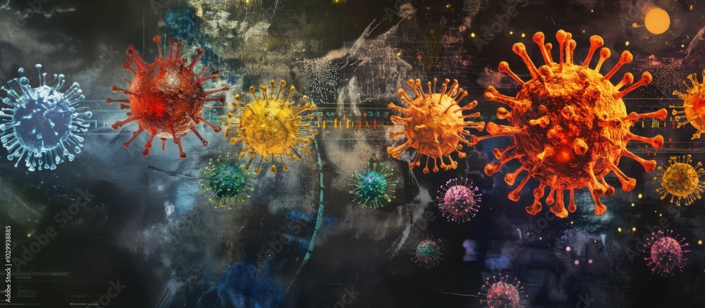 Obraz premium An artistic representation of virus mutations over time, showing the evolution of different strains