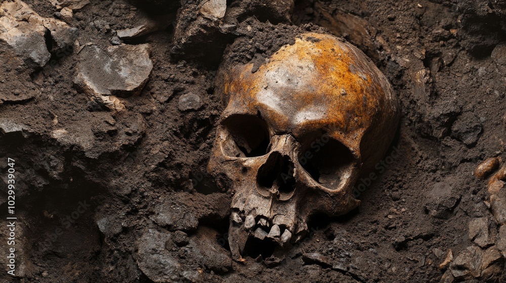 2410_086.partially unearthed human skull, embedded in dark soil, weathered bone texture, archaeological discovery scene, muted earthy tones, high-detail macro photography 2410_086.partially unearthed human skull, embedded in dark soil, weathered bone texture, archaeological discovery scene, muted earthy tones, high-detail macro photography