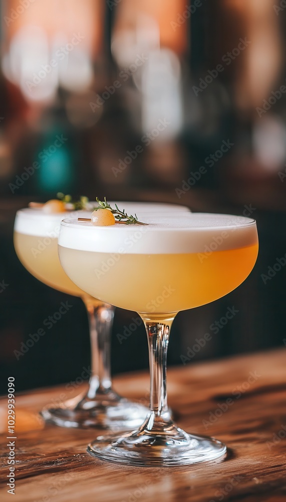 Two refreshing cocktails with frothy tops on a bar surface. Two refreshing cocktails with frothy tops on a bar surface.