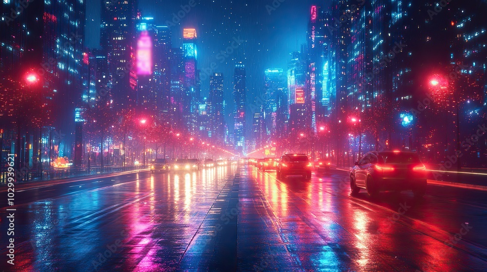 Obraz premium A neon cityscape with moving cars and bright lights, depicting a lively and energetic urban setting.