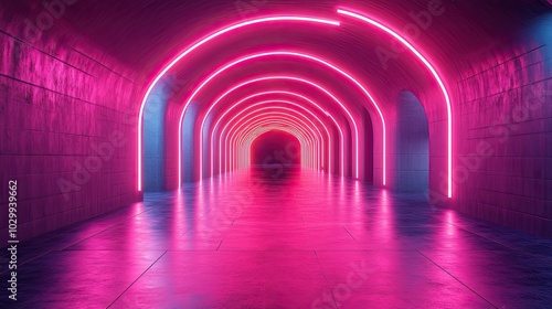 A neon grid tunnel illuminated with bright lights, creating a futuristic and immersive experience.