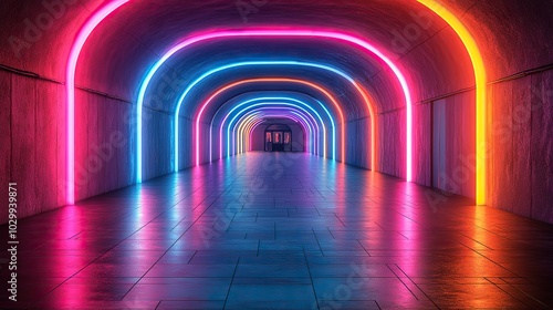 A neon lights tunnel showcasing vibrant and colorful lighting in a captivating and dynamic setting.