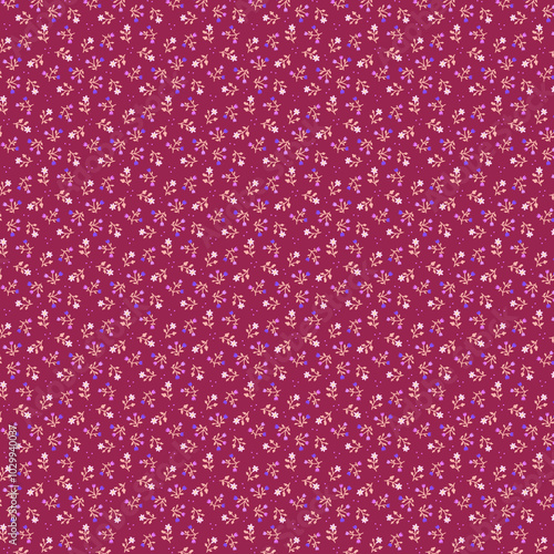 Simple romantic small floral fabric pattern Tiny pink blue purple flowers on a dark red burgundy background Rustical design