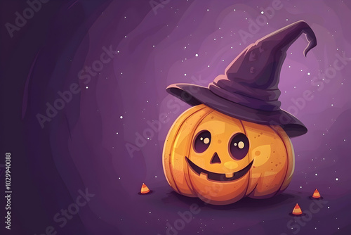 Halloween card with an adorable smiling pumpkin in a black hat on a purple background. Cartoon style. Bnner. Copy space photo