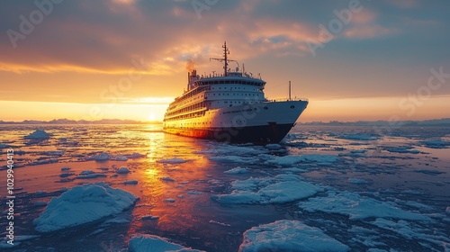 Large cruise ship sailing through ice-covered waters at sunset