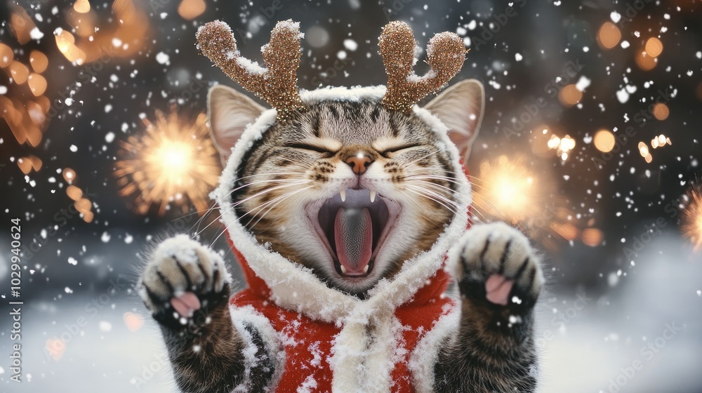 A joyful 3D Christmas cat wearing a reindeer costume, surrounded by snow and watching fireworks explode overhead. A joyful 3D Christmas cat wearing a reindeer costume, surrounded by snow and watching fireworks explode overhead.