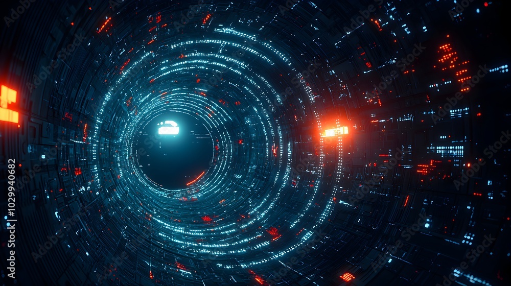 Fototapeta premium Glowing Digital Grid Mesh Forming a Futuristic Tunnel like Perspective