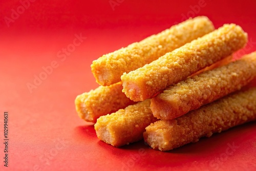 Stacked pile of cheese sticks on a red background