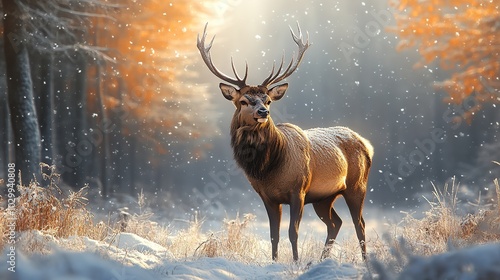 A noble deer in a snowy forest landscape during winter is depicted in an illustration.