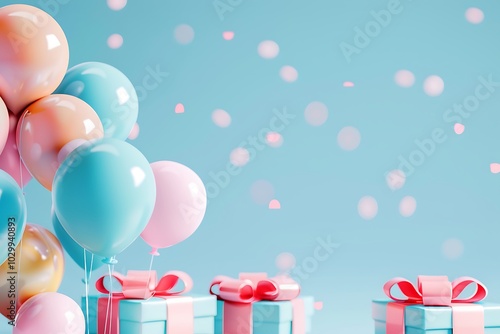 A birthday party with balloons and gift box celebration background with copy space photo