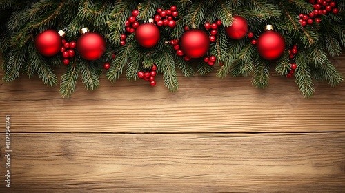 Christmas background with red ornaments and pine branches on a wooden table