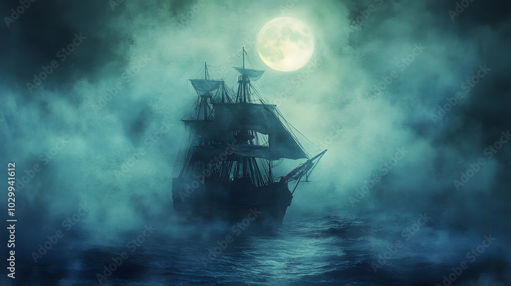 Halloween Pirate Ship, Pirate ship haunted by ghostly crew full moon above, Watercolor Halloween Pirate Ship, Pirate ship haunted by ghostly crew full moon above, Watercolor