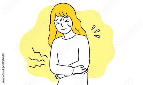 腹痛・生理痛・病気の若い女性・シンプルでポップなベクターイラスト