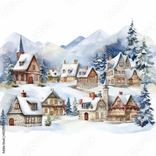 winter countryside view, Christmas fir trees, fairy tale village, snowy forest, rural landscape panorama, vintage greeting card, watercolor illustration