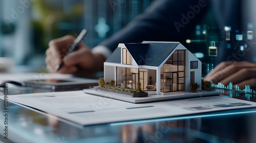 a concept holo 3d render model of a small living house on a table in a real estate agency. signing mortgage contract document and demonstrating. futuristic business. blurry background