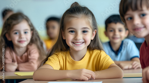 a primary elementary school group of children studying in the classroom. learning and sitting at the desk. young cute kids smiling. 