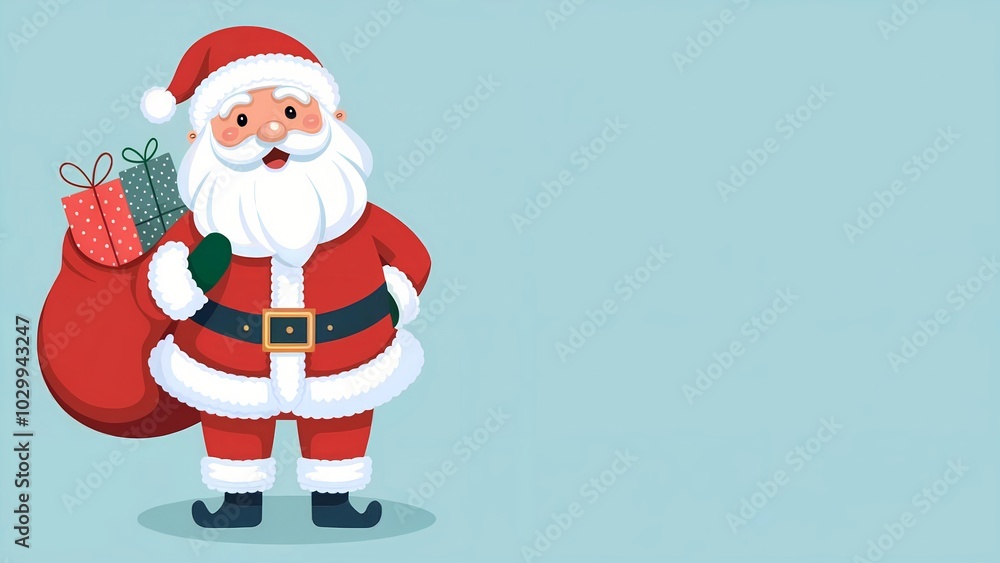 Festive santa claus with gift bag on blue background Festive santa claus with gift bag on blue background