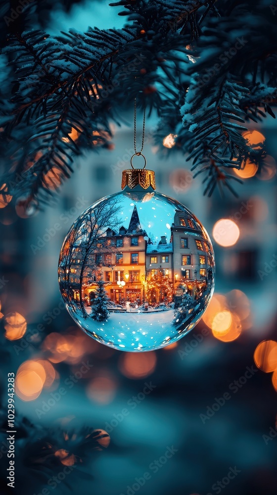 Obraz premium Captivating christmas ornaments reflecting winter wonderland with glowing lights and charming architecture