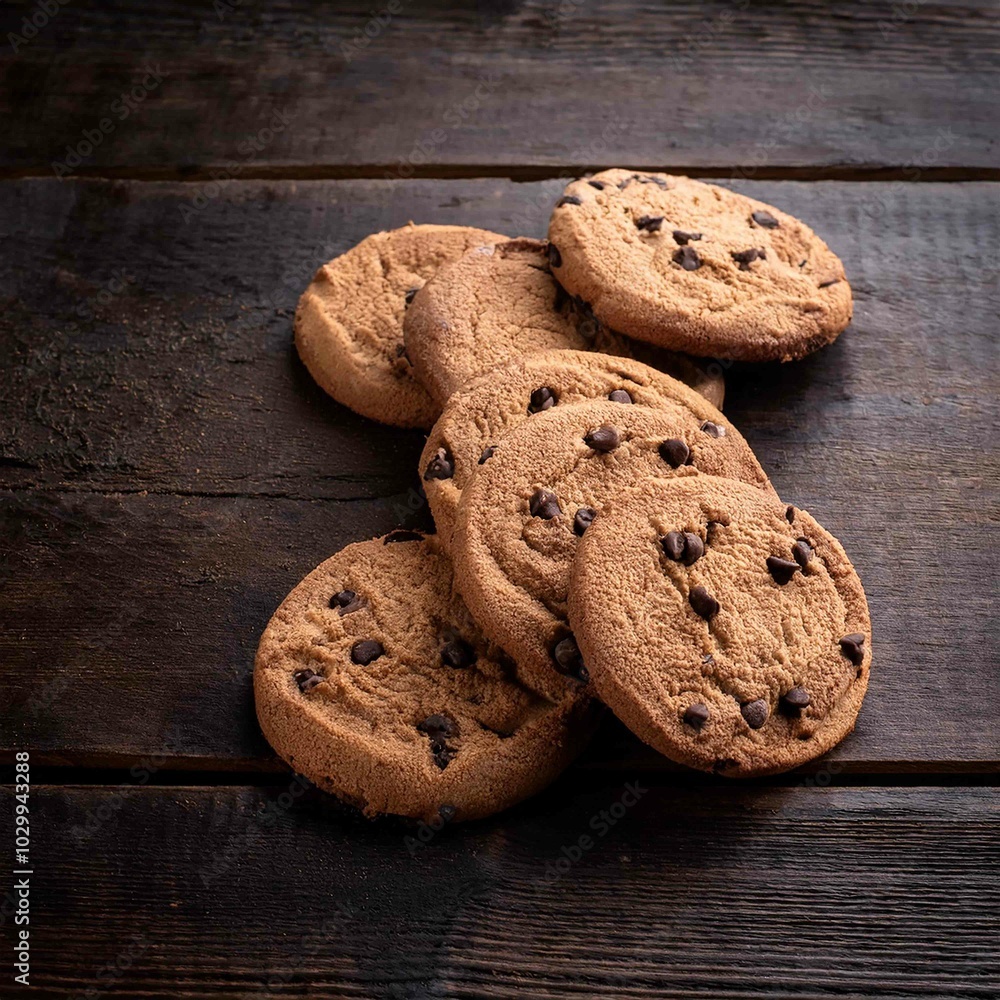 Chocolate chip cookies on dark old wooden table with place for text Chocolate chip cookies on dark old wooden table with place for text
