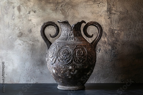 An elegantly showcased ancient vessel reveals its intricate design and rich historical importance against a textured backdrop.