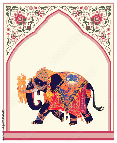 Indian Elephant Artwork,Traditional ornately decorated residences, India. Rajasthan, Traditional Mughal garden and seated queen frame illustration