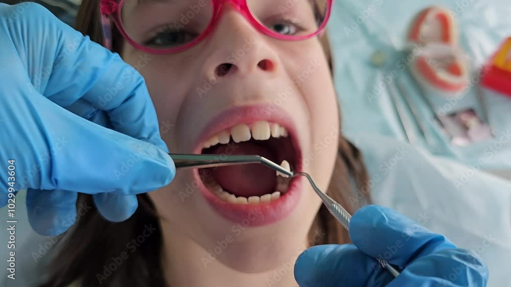 A small child undergoing dental treatment is examined by a dentist A small child undergoing dental treatment is examined by a dentist