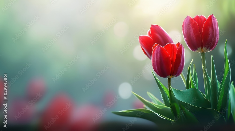 Fototapeta premium A soft focus background of red tulips swaying in the breeze, with lush green leaves complementing the deep red petals.