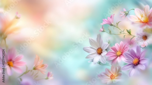 A soft, blurred background of colorful flowers, focusing on a dreamy garden scene, perfect for nature lovers. Gentle greens and vibrant floral hues blend seamlessly.