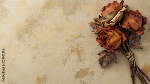 Leather Roses on a Rustic Background: Perfect for Wedding Invitations, Crafts, and Vintage Decor Subtle Blur Background with Space for Custom Text