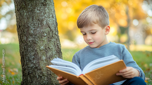 a cute young boy kids opens and reads a fairy tale story fantasy book and immerses with his childhood imagination in creative magic world sitting outdoors in a park at a tree