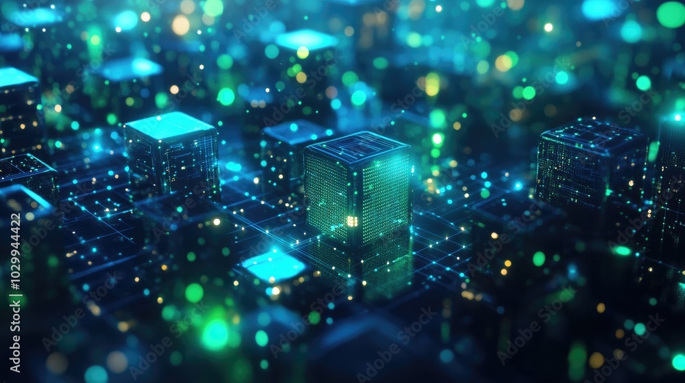 Blue and green cubes emitting light, linked by glowing lines, representing data transmission in a virtual network. Blue and green cubes emitting light, linked by glowing lines, representing data transmission in a virtual network.